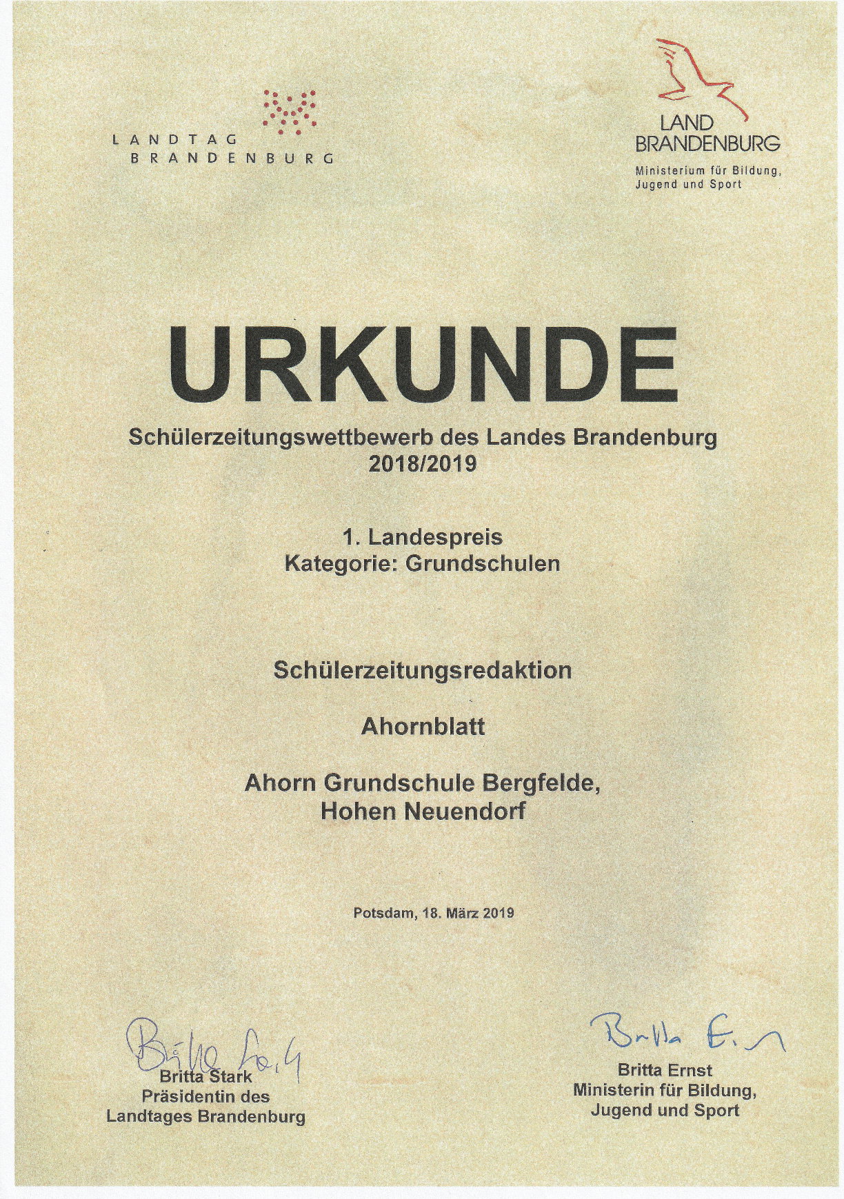 Schülerzeitungswettbewerb Urkunde 2019