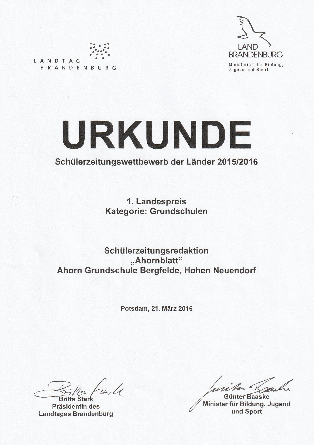 Schülerzeitungswettbewerb Urkunde 2016